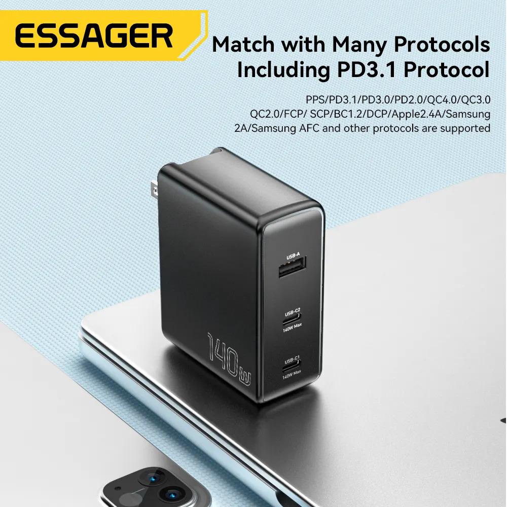 Зарядний пристрій Essager 140W MingQ GaN Hign Power Travel Charger 2 Type-C + USB A EU Black (ECT2CA-MQB01-Z) 4