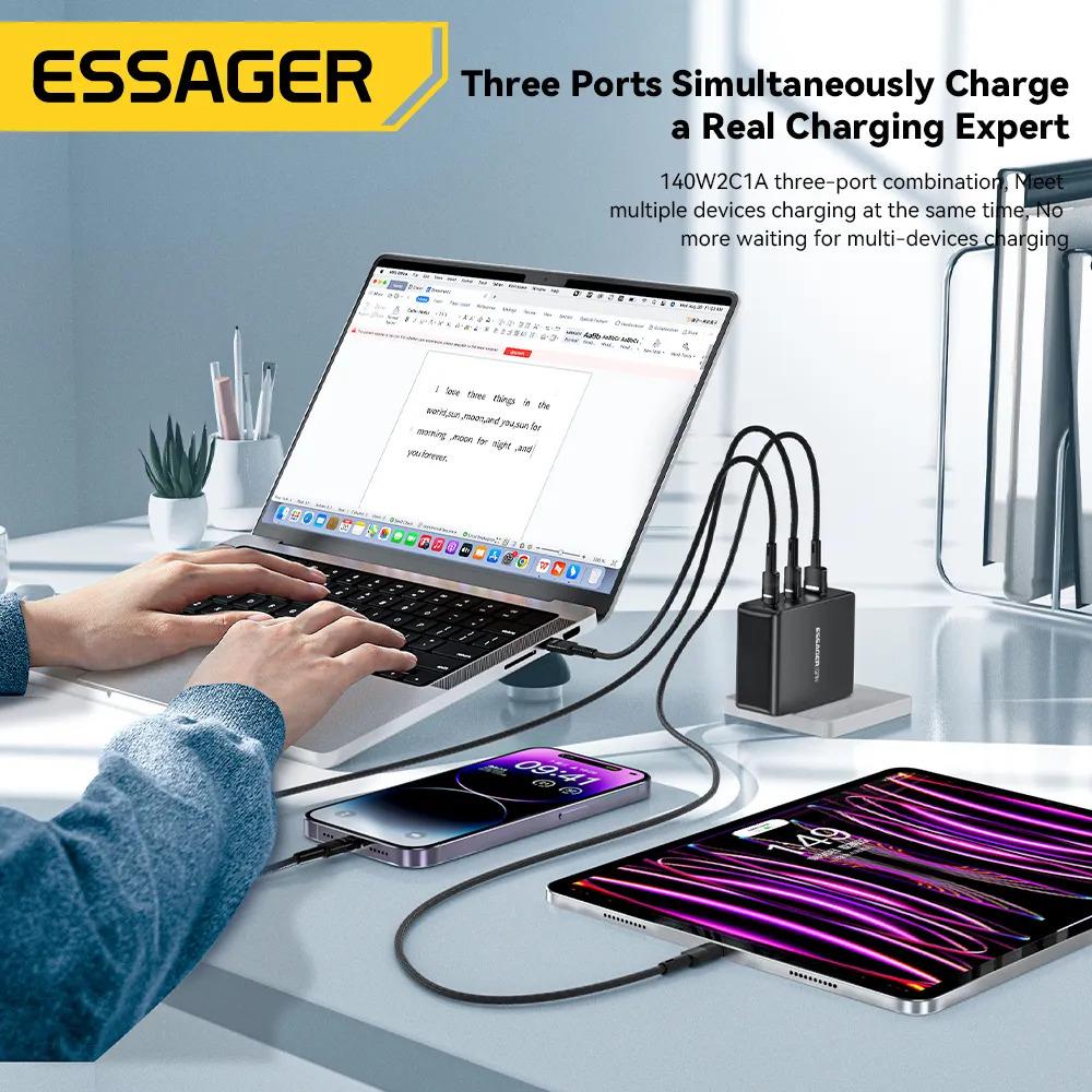 Зарядний пристрій Essager 140W MingQ GaN Hign Power Travel Charger 2 Type-C + USB A EU Black (ECT2CA-MQB01-Z) 5