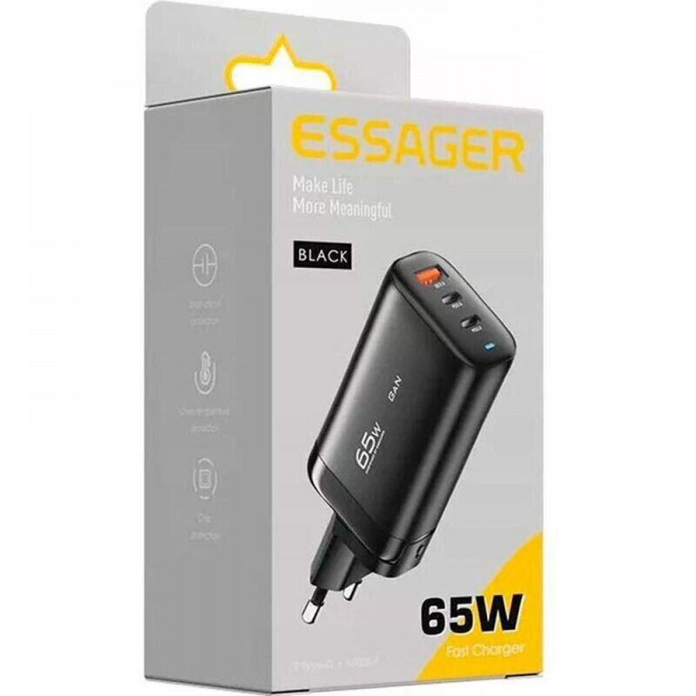 Зарядний пристрій Essager 65W Shining GaN Travelling Fast Charger PD+QC3.0 Black EU (ECT2CA-MYB01) 2