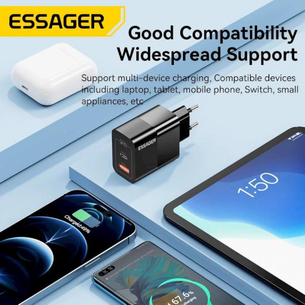 Зарядний пристрій Essager Pinchen 33W Travel Phone Charger USB A + TYPE C EU Black (ECTAC-PCB01-P) 4