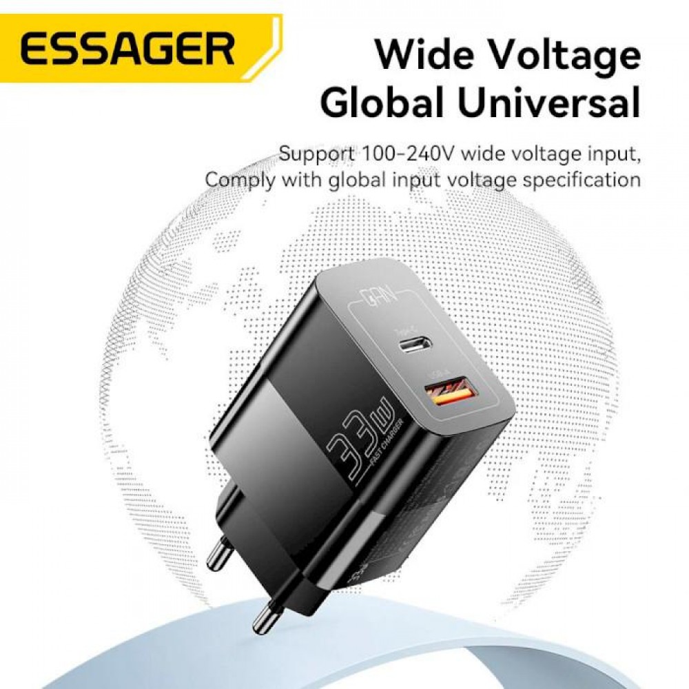 Зарядний пристрій Essager Pinchen 33W Travel Phone Charger USB A + TYPE C EU Black (ECTAC-PCB01-P) 5